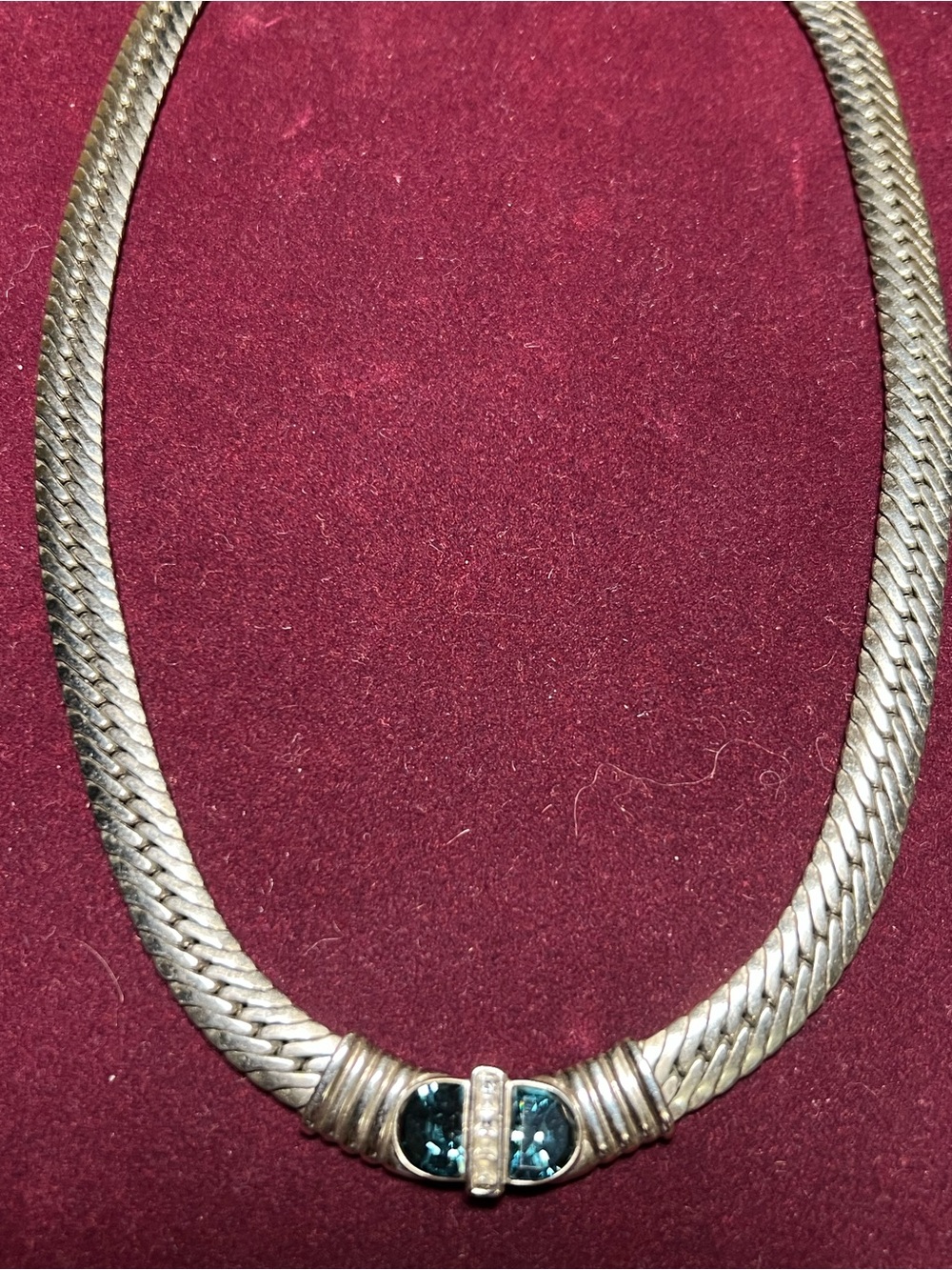 Vintage Silver Chain Necklace with Twin Dark Blue Gemstones 17”